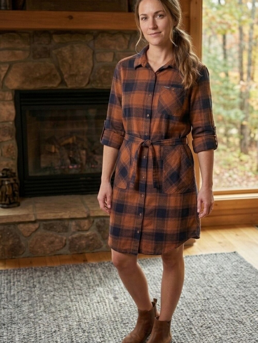 Columbia Plaid Flannel Button Down Shirt Dress Removable Belt Orange​ Navy‎ XL